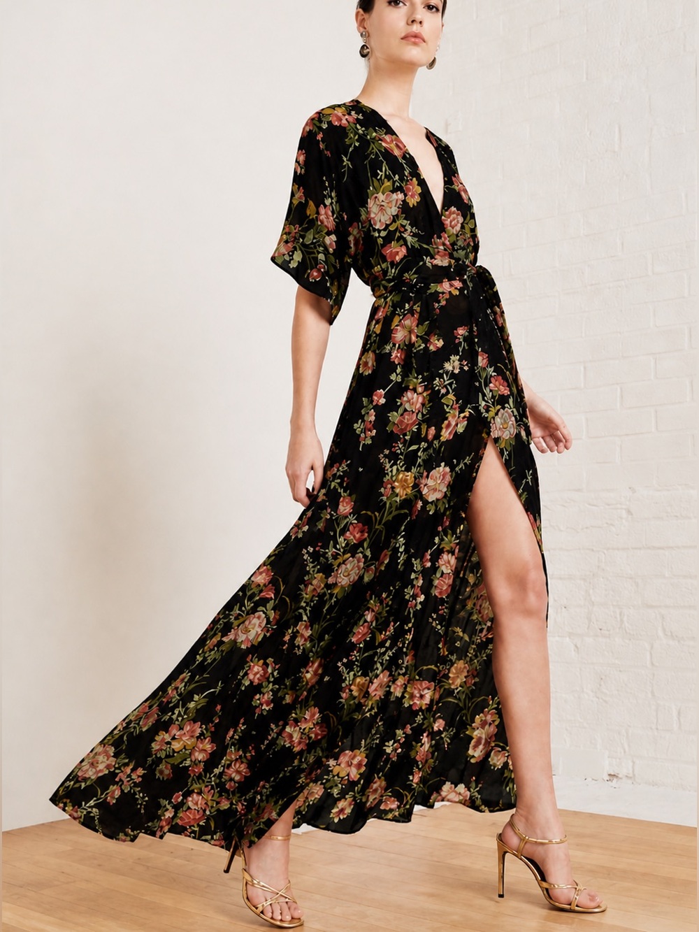 Reformation Black Floral Maxi Dress with Pink and Green Accents